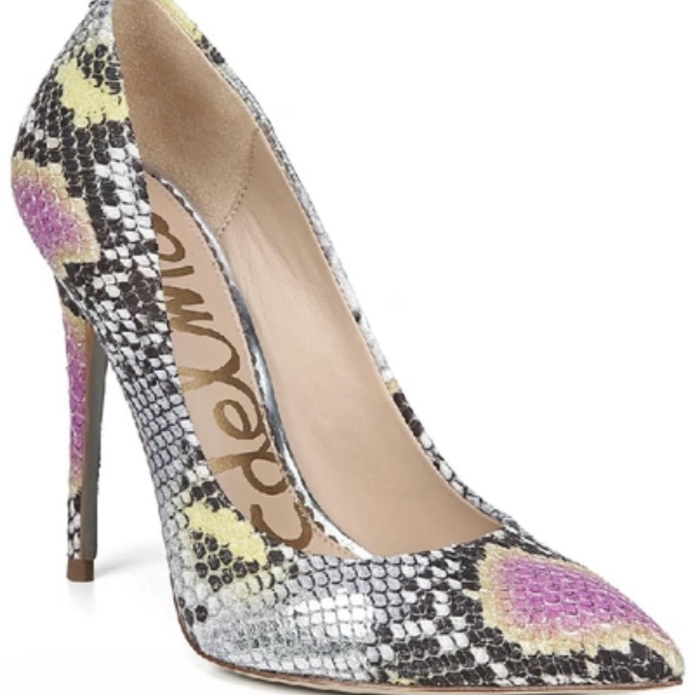 Sam Edelman pointy Toe Vibrant Snake Print Heels in Gray, Lilac and Yellow. Sz 7